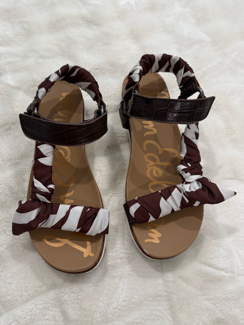 Sam Edelman Ashie Printed Ruched Strap Platform Sandals Brown White 7.5